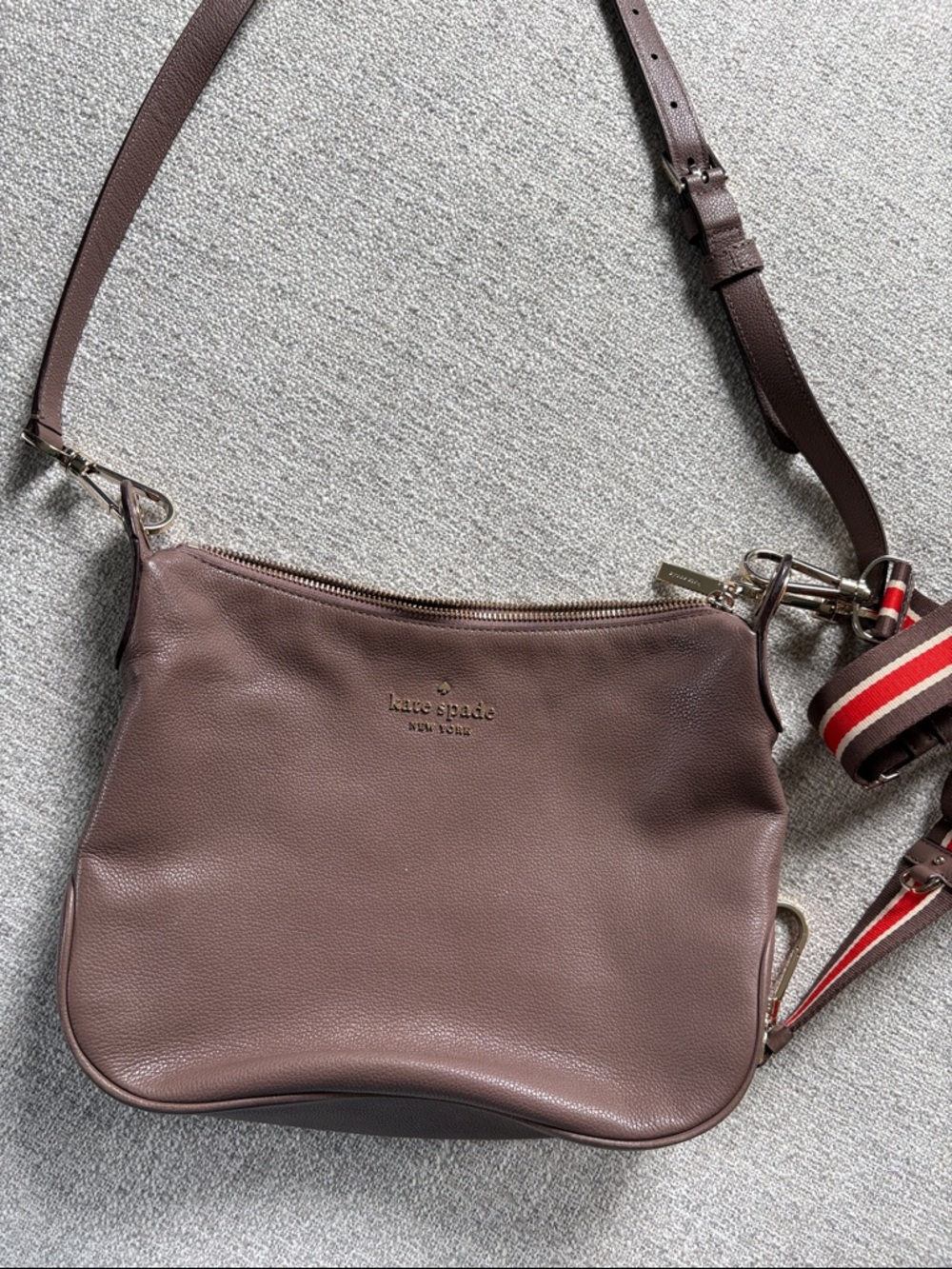 kate spade mauve brown pebbled leather crossbody bag with striped strap